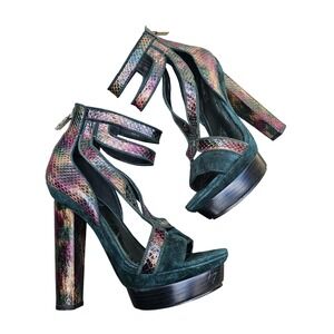Rachel Zoe Payton Y2K Platform Heels Sandals Womens 9M Leather Snakeskin Caged